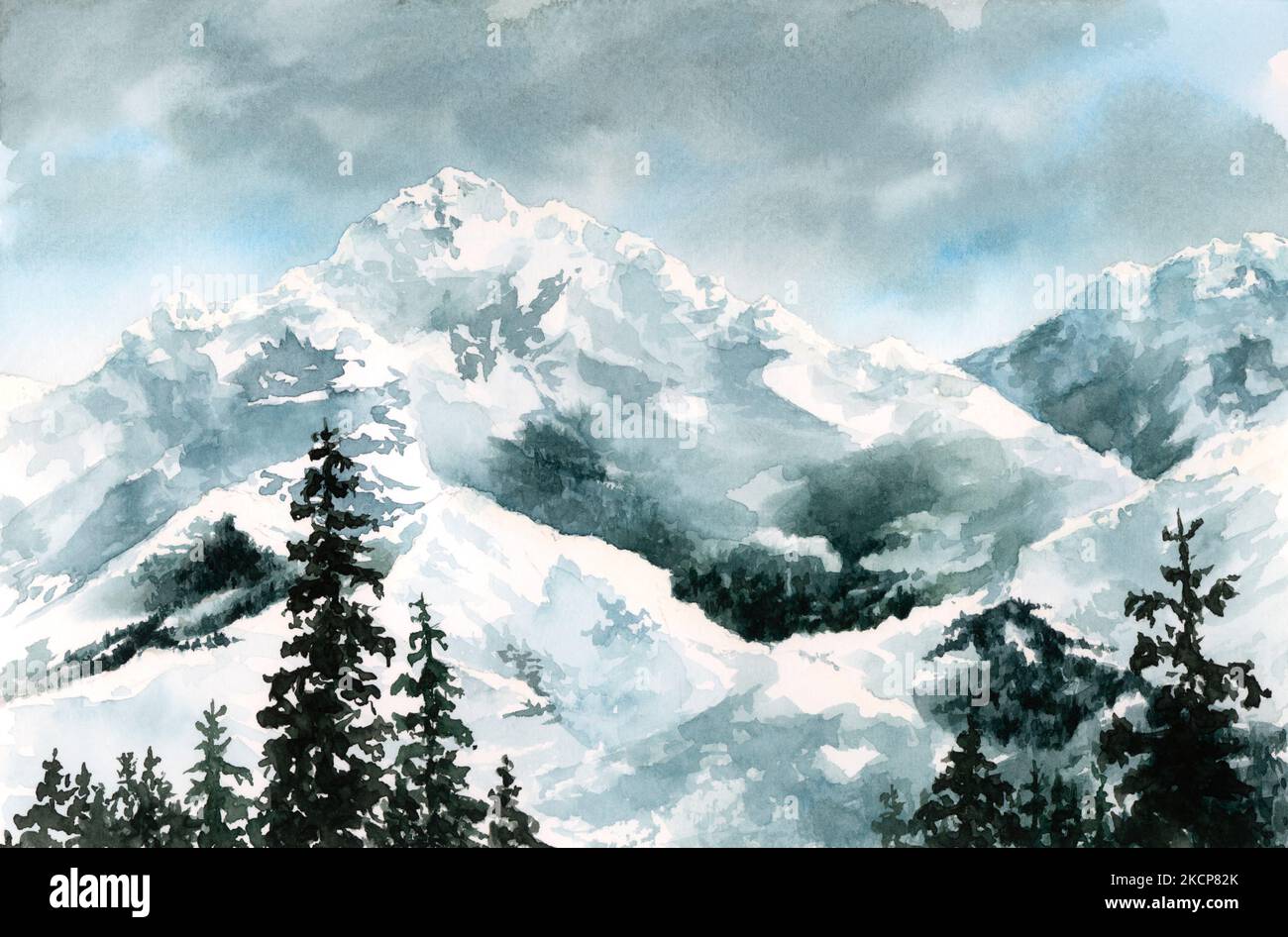 Montagnes en hiver. Aquarelle sur papier. Banque D'Images
