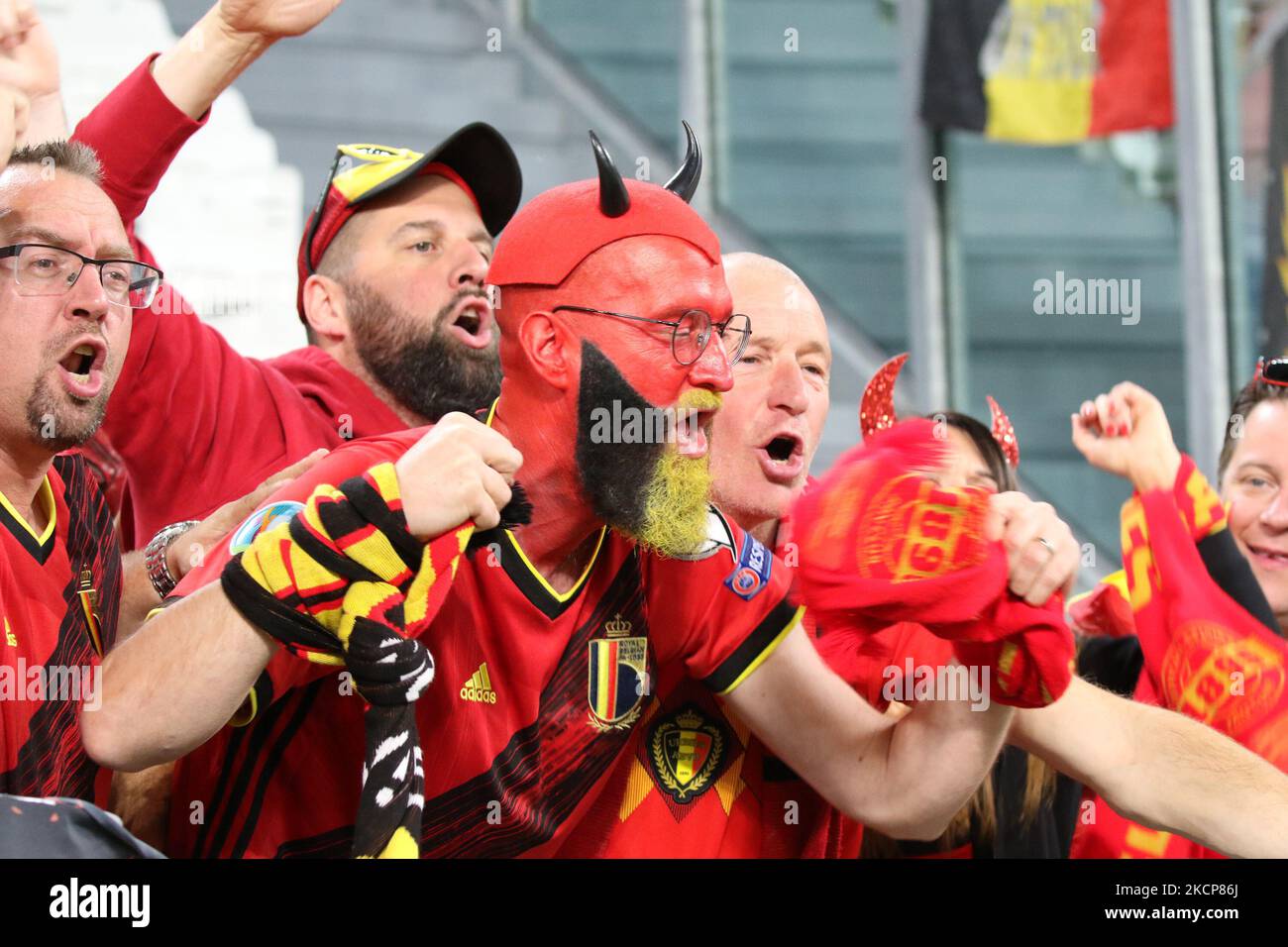 Supporters de Belgique pendant les matchs de football de la Ligue des Nations de l'UEFA - Belgique contre France sur 07 octobre 2021 au stade Allianz de Turin, Italie (photo de Claudio Benedetto/LiveMedia/NurPhoto) Banque D'Images