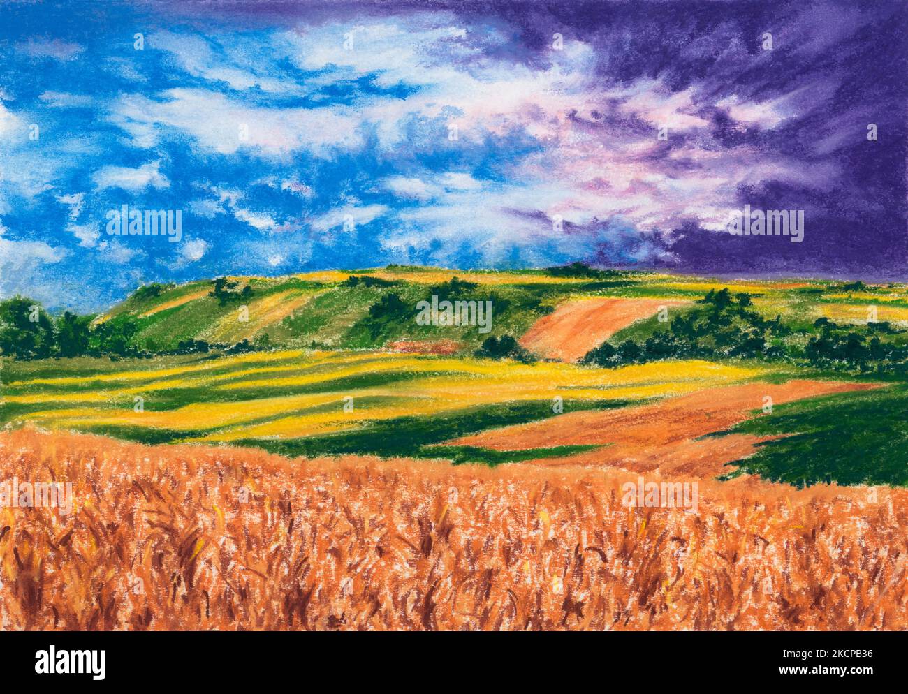 Paysage nuageux. Pastel sur papier. Banque D'Images