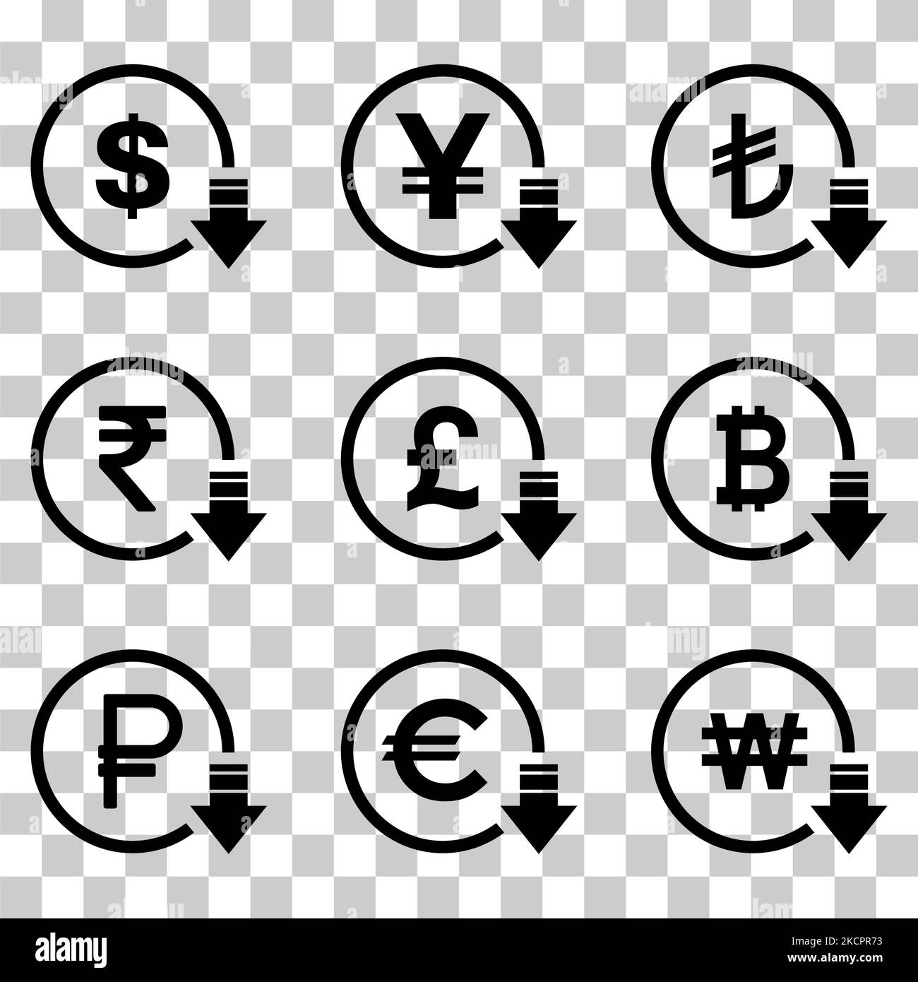 Réduction des coûts - icône de diminution du dollar en euros. Image de symbole vectoriel isolée sur fond . Illustration de Vecteur