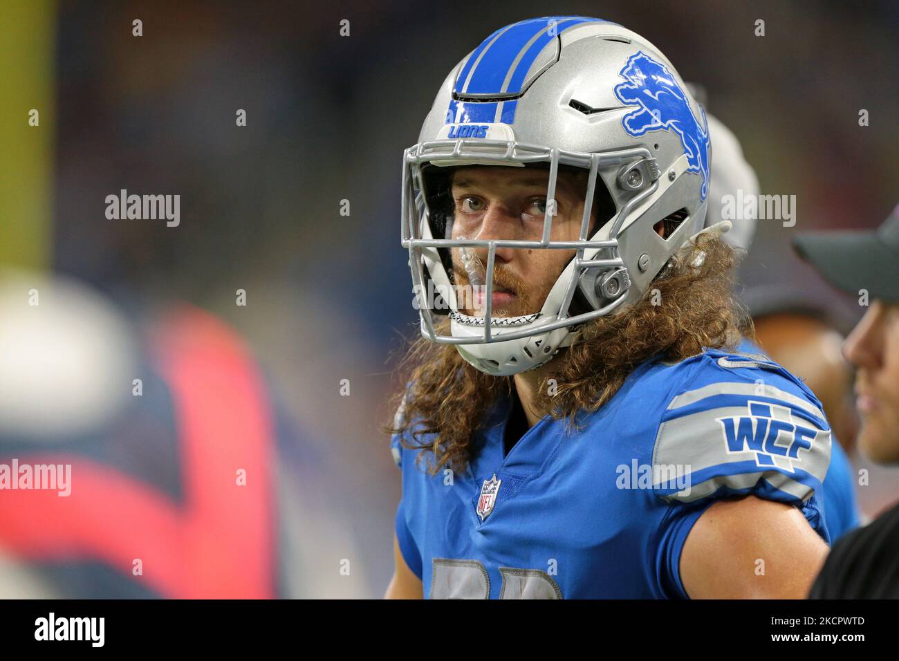 Detroit Lions Tight End T.J. Hockenson (88) est vu pendant la deuxième moitié d'un match de football de la NFL contre les Bengals de Cincinnati à Detroit, Michigan, États-Unis, dimanche, 17 octobre 2021. (Photo de Jorge Lemus/NurPhoto) Banque D'Images Detroit Lions Tight End T.J. Hockenson (88) est vu pendant la deuxième moitié d'un match de football de la NFL contre les Bengals de Cincinnati à Detroit, Michigan, États-Unis, dimanche, 17 octobre 2021. (Photo de Jorge Lemus/NurPhoto) Banque D'Images