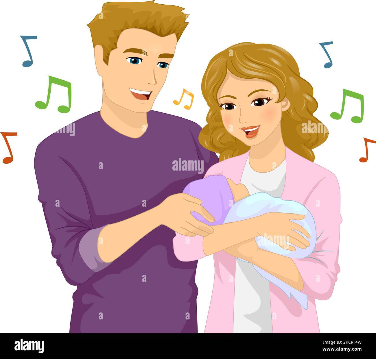 Illustration de couple, maman et papa chantant à leur bébé endormi couvert par couverture et Bonnet, Music Therapy Banque D'Images