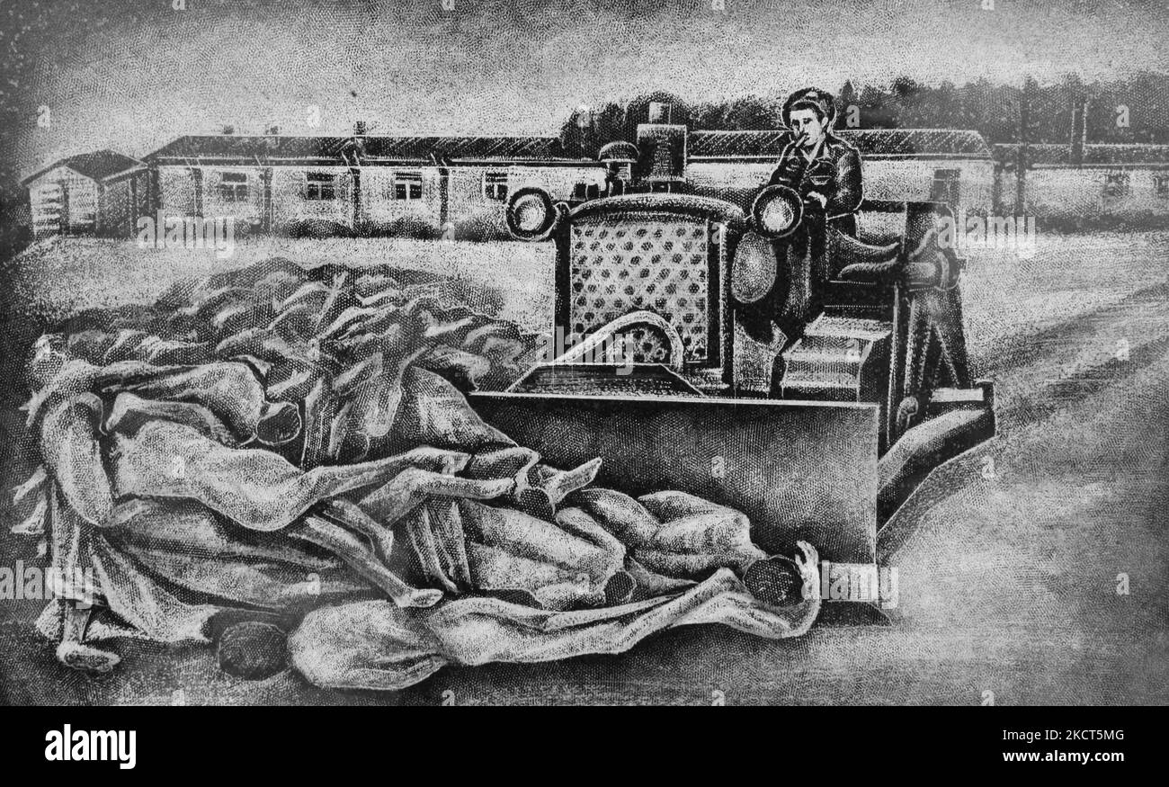 Gravure au Mémorial de l'Holocauste à Toronto, au Canada, représentant les bulldozers qui défrilent les cadavres dans les camps de concentration de Bergen-Belsen. (Photo de Creative Touch Imaging Ltd./NurPhoto) Banque D'Images