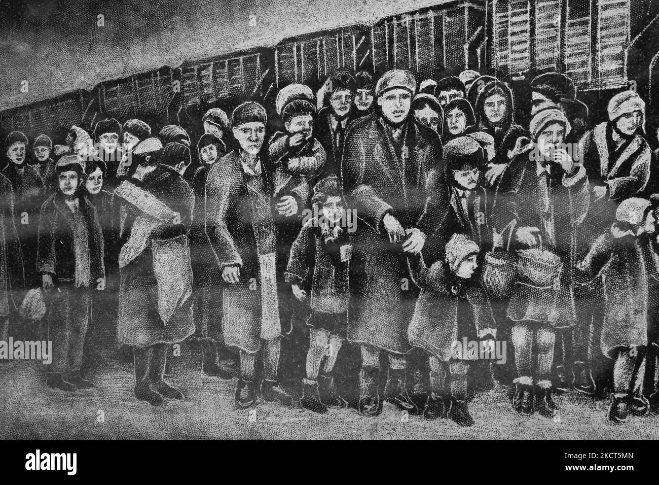 Gravure au Mémorial de l'Holocauste à Toronto, au Canada, illustrant la déportation des juifs dans les camps de concentration d'Auschwitz-Birkenau. (Photo de Creative Touch Imaging Ltd./NurPhoto) Banque D'Images