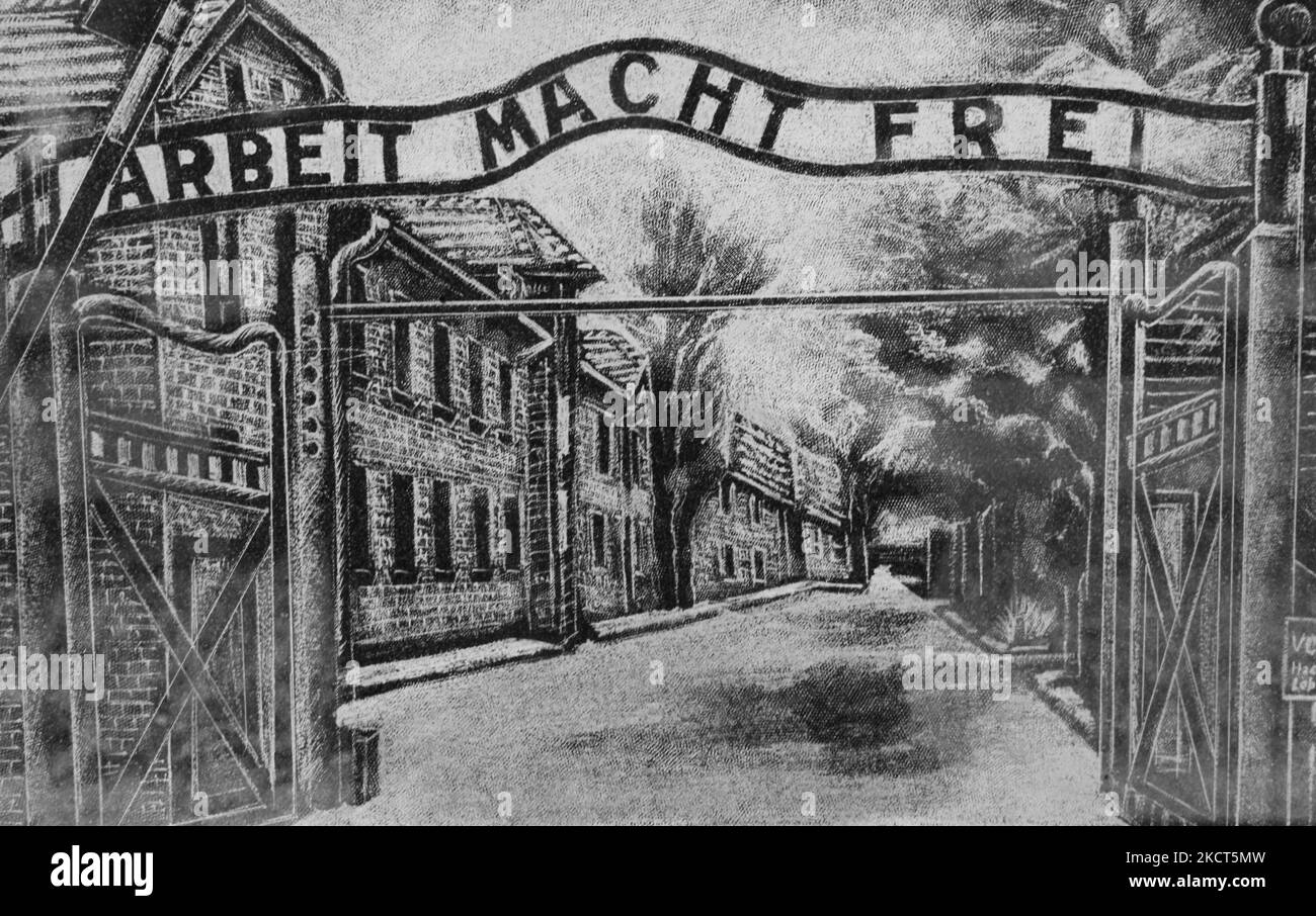 Gravure au Mémorial de l'Holocauste à Toronto, Canada, représentant l'entrée au camp de concentration d'Auschwitz avec les mots « Arbeit Macht Frei » (le travail apporte la liberté). (Photo de Creative Touch Imaging Ltd./NurPhoto) Banque D'Images