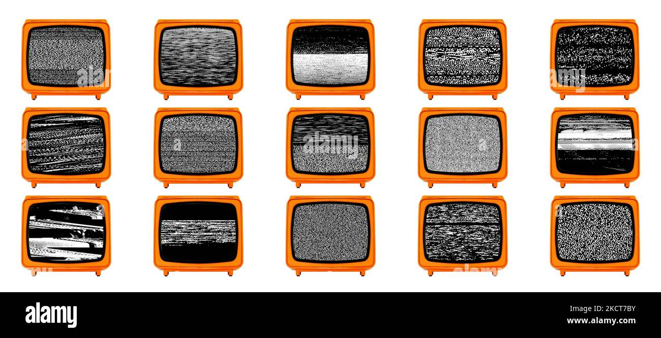 Téléviseur Orange rétro Old Space Age avec différents écrans à effet de bruit statique Banque D'Images