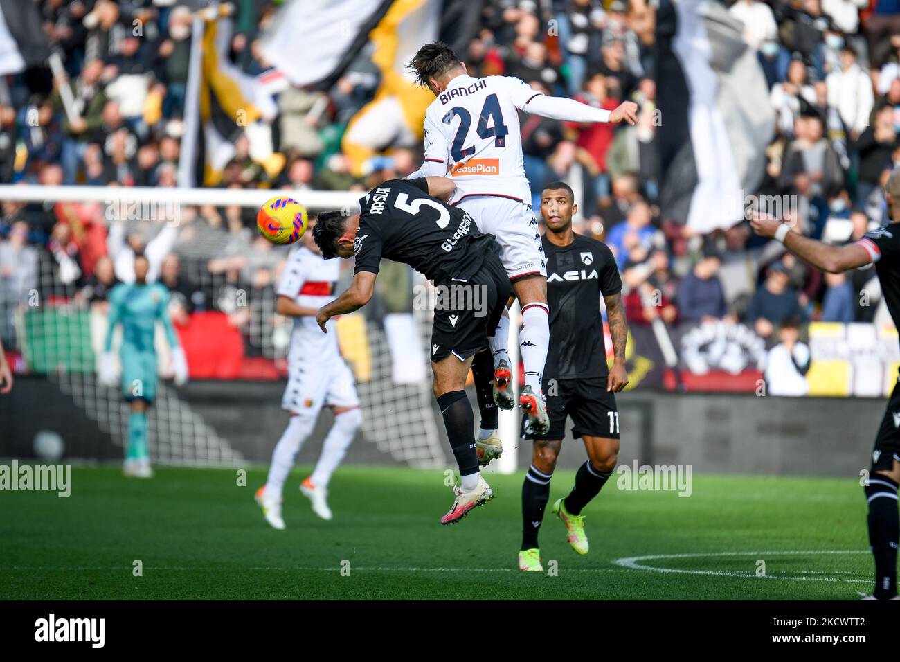 Tête de Tolgay Arslan (Udinese) entravée par Flavio Bianchi (Gênes) pendant le football italien série A match Udinese Calcio vs Gênes CFC sur 28 novembre 2021 au stade Frioul - Dacia Arena à Udine, Italie (photo par Ettore Griffoni/LiveMedia/NurPhoto) Banque D'Images