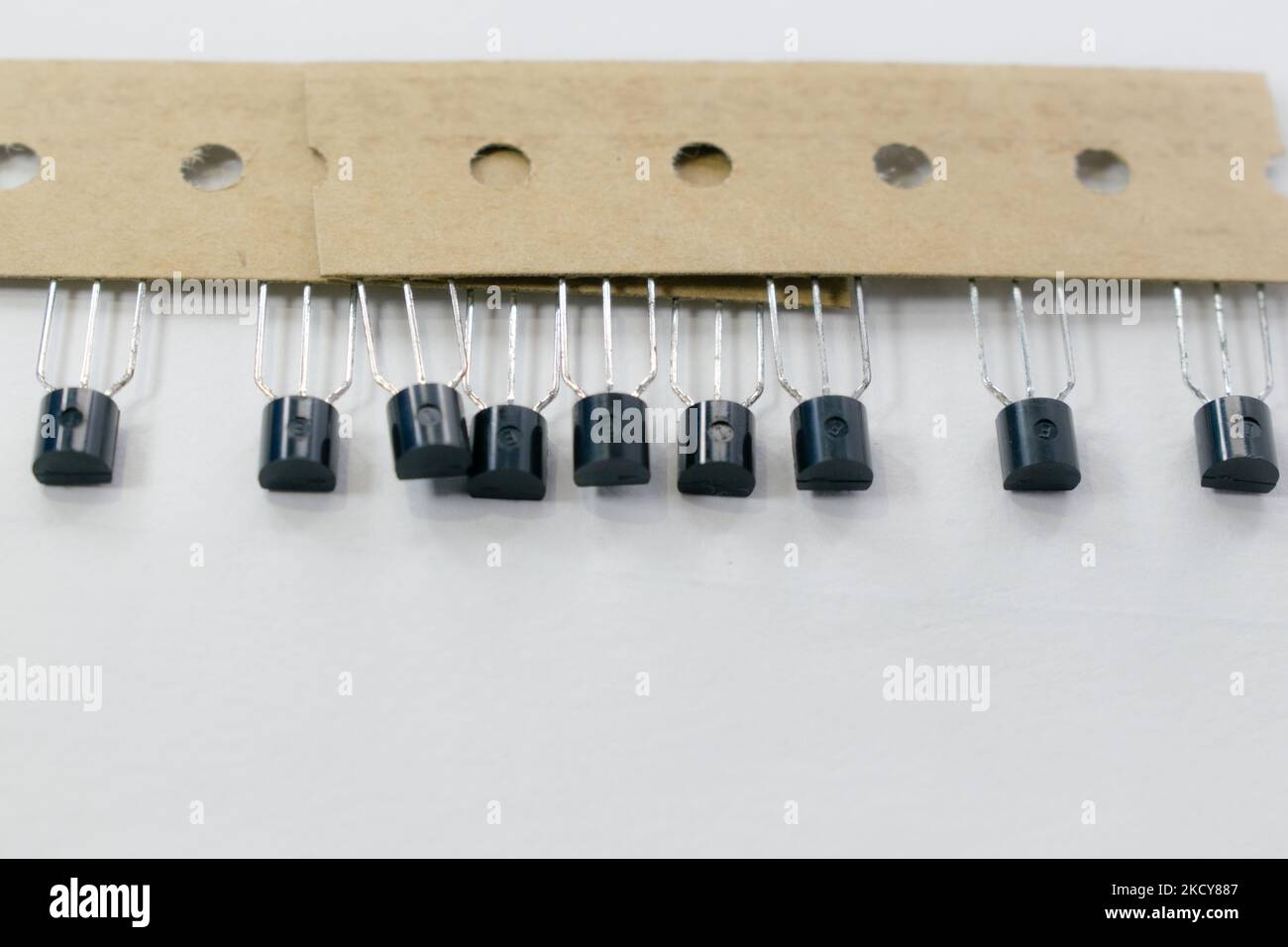 rangée de transistors électroniques isolés sur fond blanc avec espace de copie. Banque D'Images