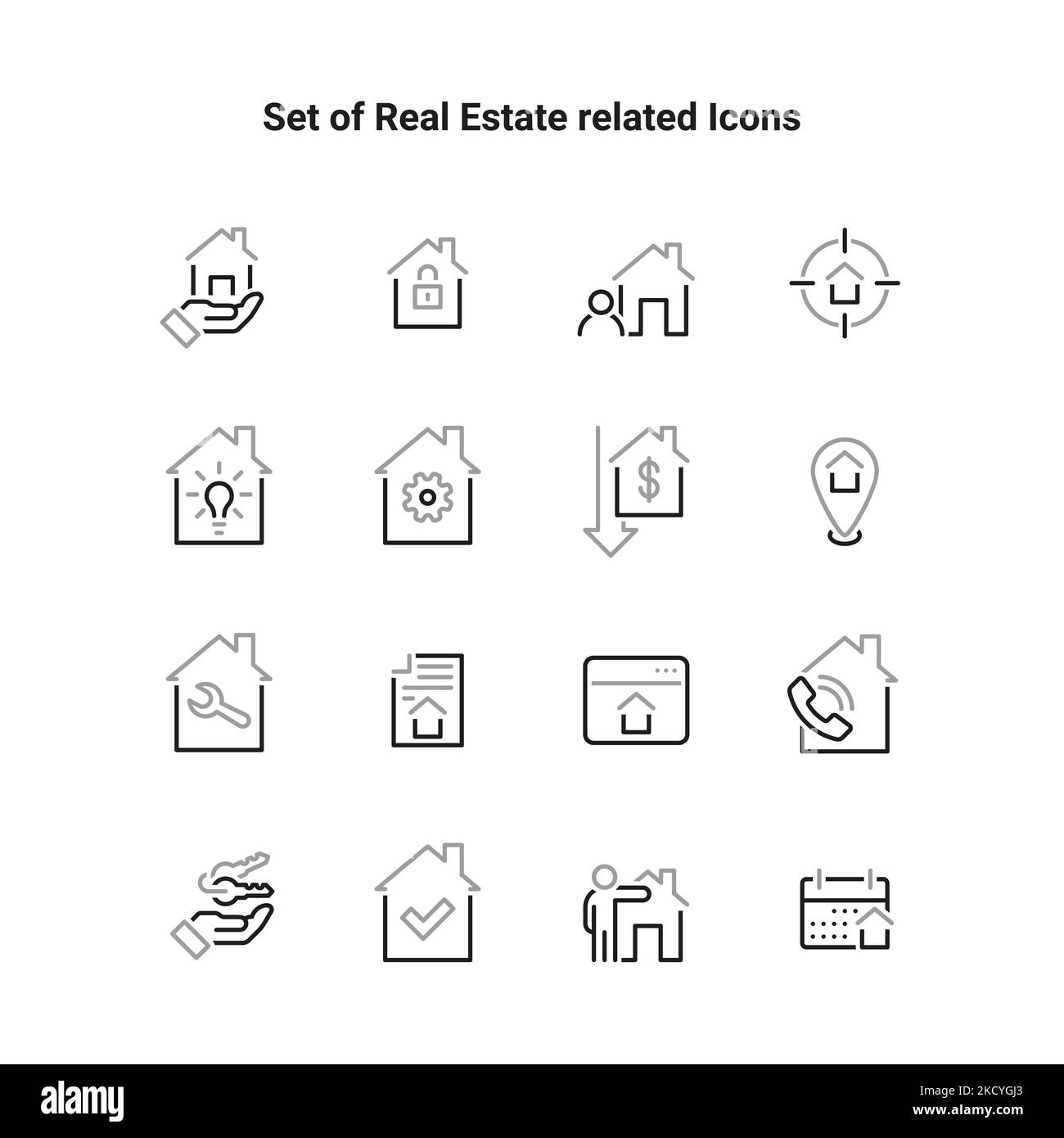 Icônes de la ligne mince de l'immobilier. Jeu de symboles immobiliers. Accueil, Maison, Agent, Plan, icône Realtor. Icônes de l'immobilier. Illustration de Vecteur