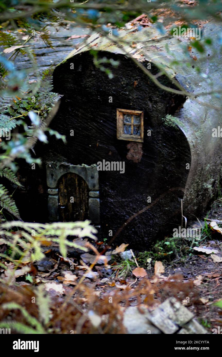 Maisons de fées cachées et portes dans les bois - Brodick Gardens, île d'Arran, Écosse Banque D'Images