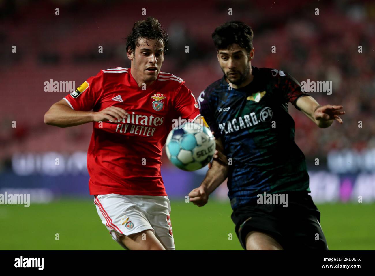 Paulo Bernardo de SL Benfica (L) vies avec Fabio Pacheco de Moreirense FC lors du match de football de la Ligue portugaise entre SL Benfica et Moreirense FC au stade Luz à Lisbonne, Portugal sur 15 janvier 2022. (Photo par Pedro Fiúza/NurPhoto) Banque D'Images