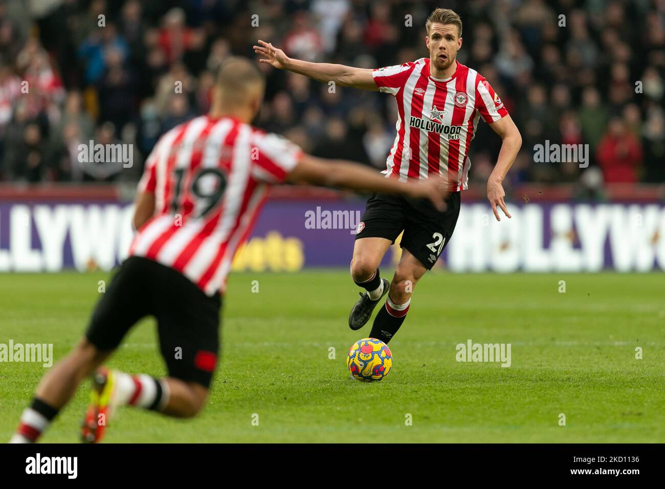 Kristoffer Aguer de Brentford en action lors du match de la Premier League entre Brentford et Wolverhampton Wanderers au stade communautaire de Brentford, Brentford, le samedi 22nd janvier 2022. (Photo de Juan Gasparini/MI News/NurPhoto) Banque D'Images