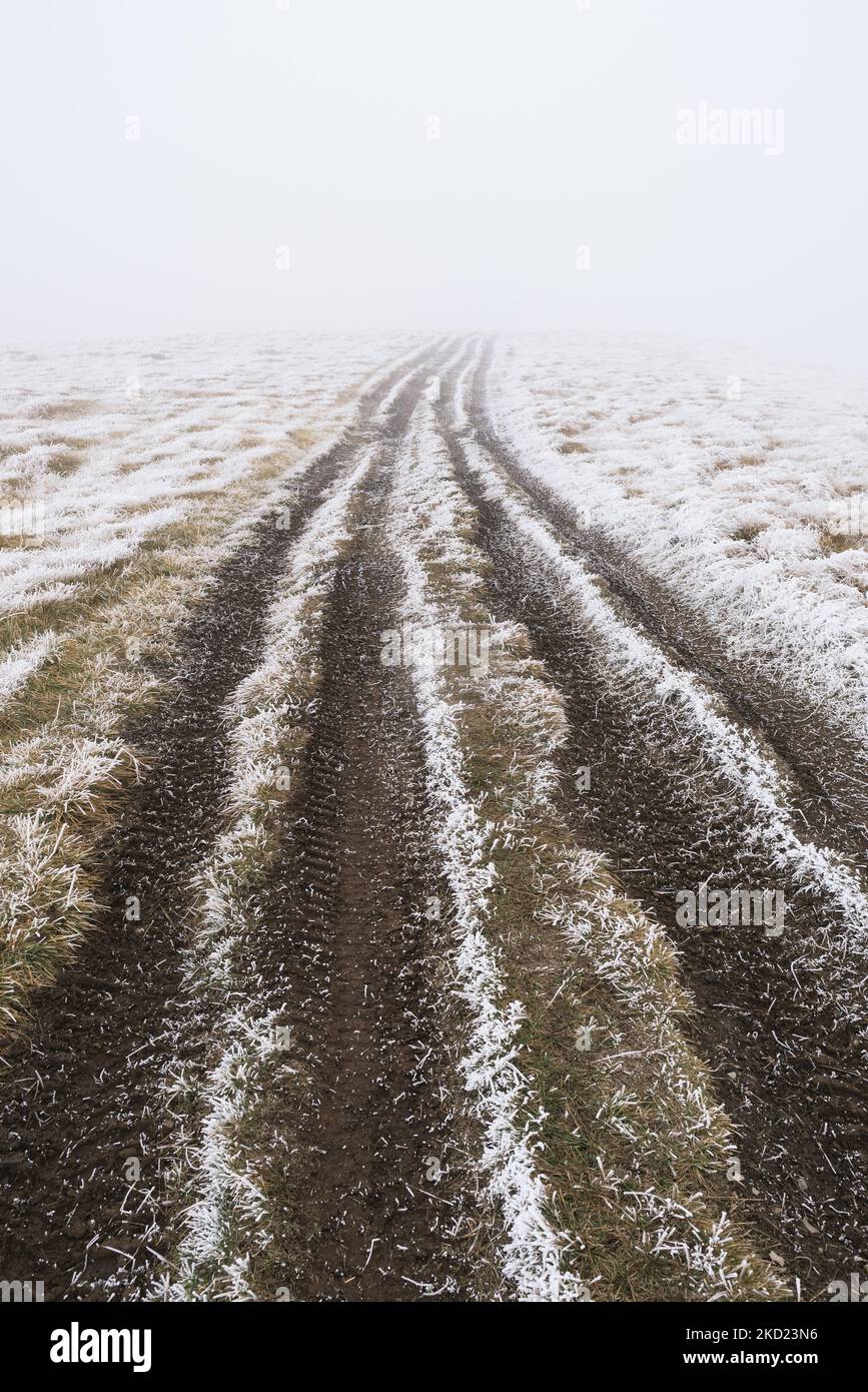 Route de terre avec givre du matin sur le sol Banque D'Images