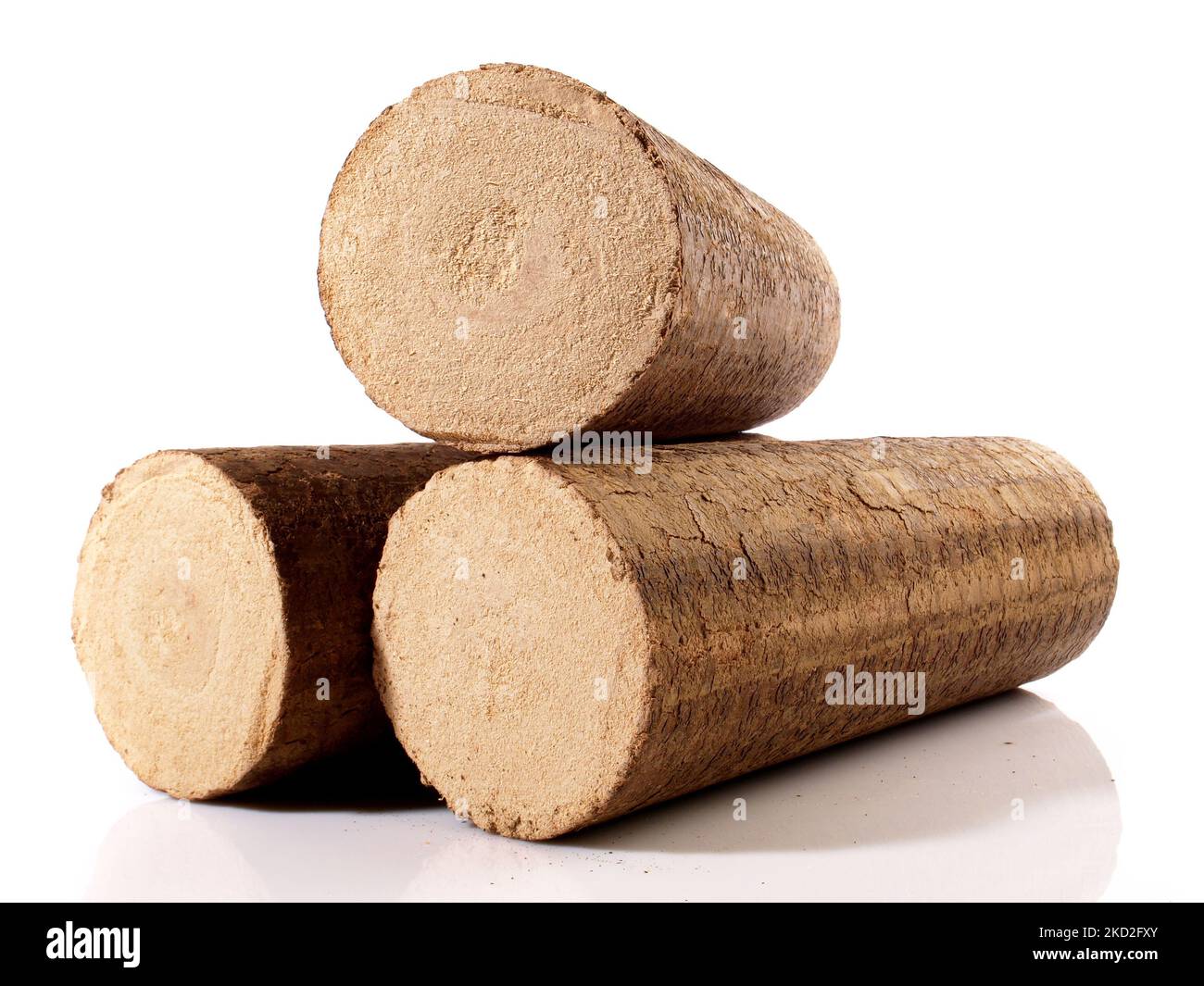 Briquettes rondes en bois dur Sawdust - billes de feu de bois à biomasse comprimée isolées sur fond blanc Banque D'Images