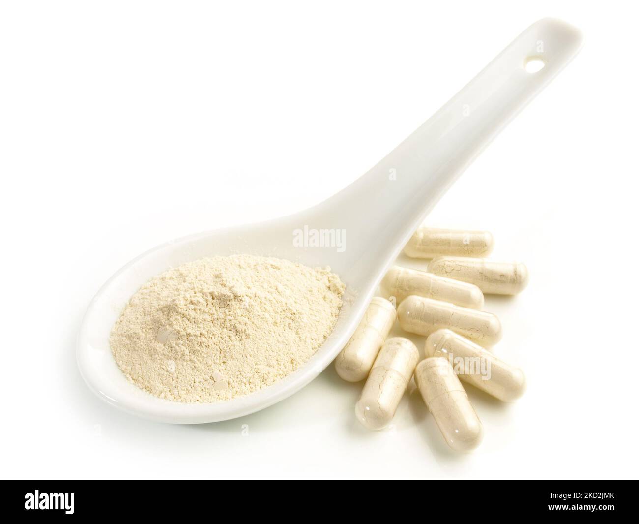 Acide bêta glucane avec capsules isolées sur fond blanc - Nutrition saine Banque D'Images