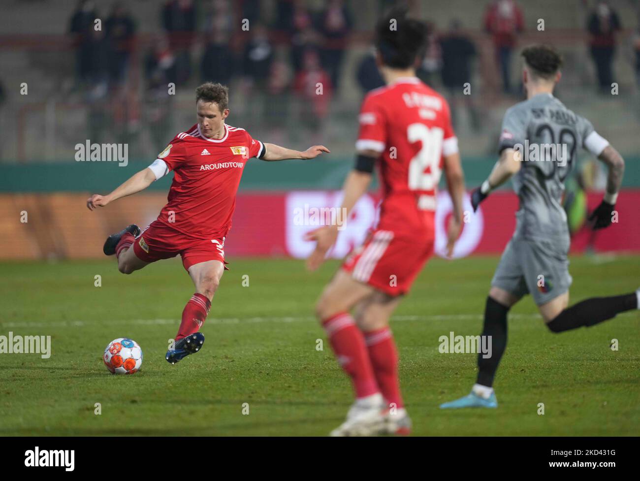 Paul Jaeckel de l'Union de Berlin pendant l'Union de Berlin contre le FC St Pauli, coupe allemande, à Stadion an der Alten Försterei, Berlin, Allemagne sur 1 mars 2022. (Photo par Ulrik Pedersen/NurPhoto) Banque D'Images