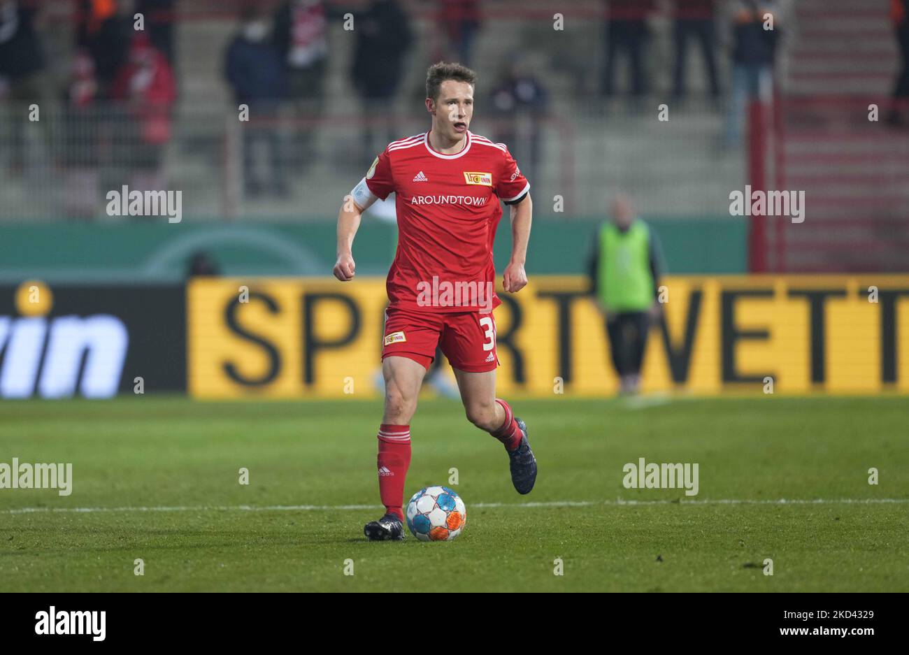 Paul Jaeckel de l'Union de Berlin pendant l'Union de Berlin contre le FC St Pauli, coupe allemande, à Stadion an der Alten Försterei, Berlin, Allemagne sur 1 mars 2022. (Photo par Ulrik Pedersen/NurPhoto) Banque D'Images