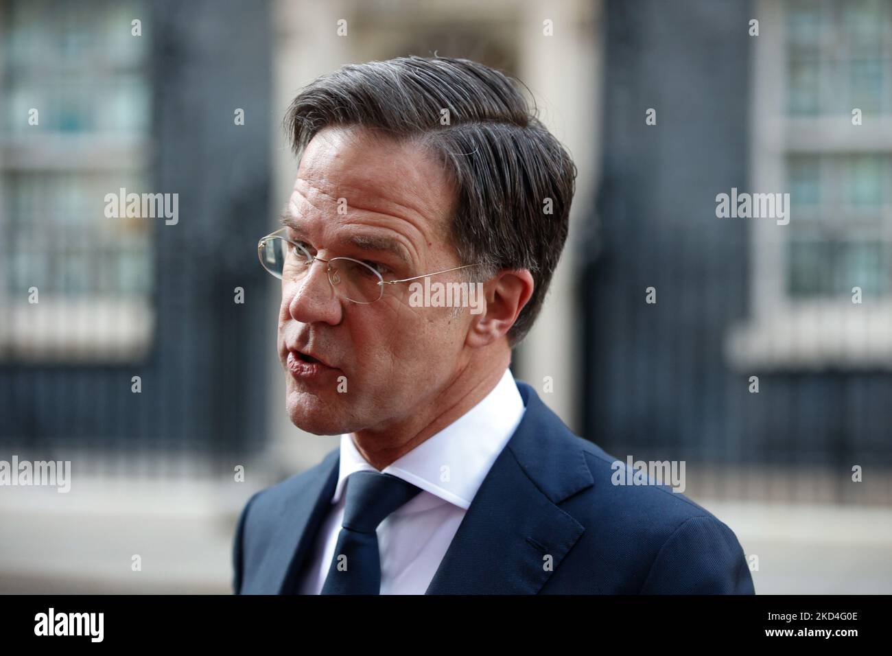 Le Premier ministre des pays-Bas, Mark Rutte, s'adresse aux médias à la suite d'une conférence de presse conjointe, centrée sur la situation en Ukraine, tenue avec le Premier ministre britannique Boris Johnson et le Premier ministre canadien Justin Trudeau sur Downing Street à Londres, en Angleterre, sur 7 mars 2022. (Photo de David Cliff/NurPhoto) Banque D'Images