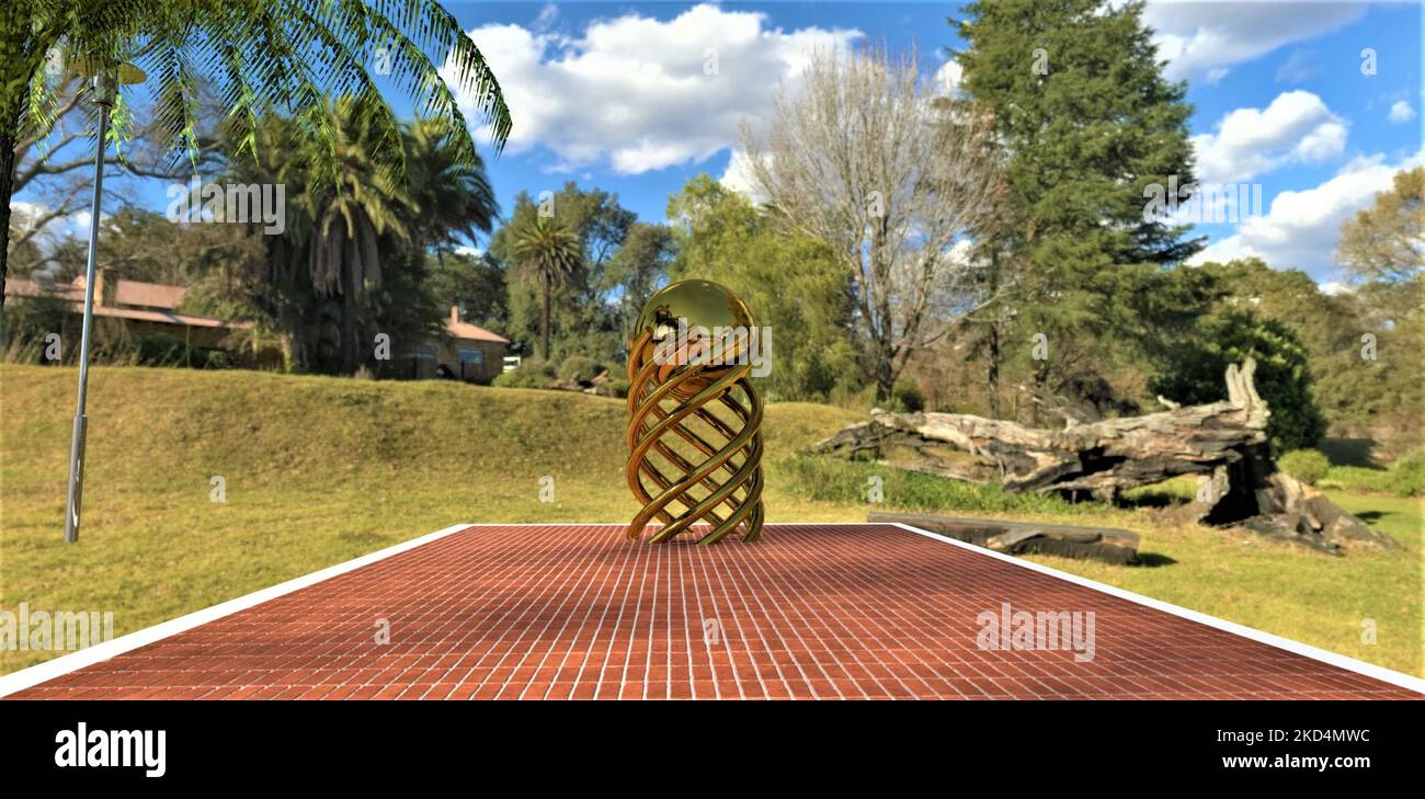 Installation d'un auteur en or pur sous forme de tuyaux entrelacés soutenant une grande boule, sur des pavés empilés sur le territoire d'une fa Banque D'Images