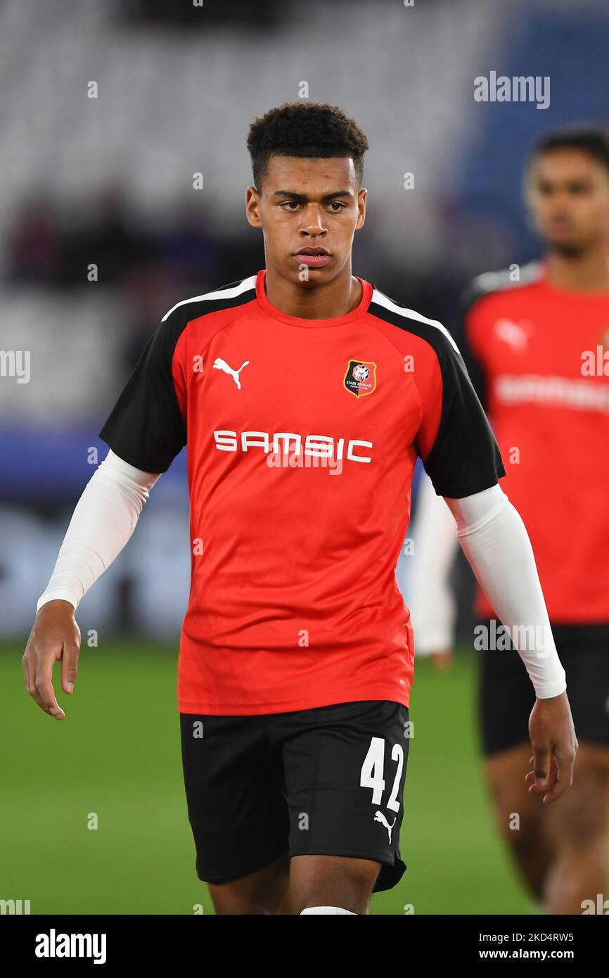 Le désir Doue de Rennes se réchauffe avant le lancement du match de la Ligue de conférence européenne de l'UEFA Europa Round of 16 entre Leicester City et le Stade Rennais F.C. au King Power Stadium de Leicester, le jeudi 10th mars 2022. (Photo de Jon Hobley/MI News/NurPhoto) Banque D'Images