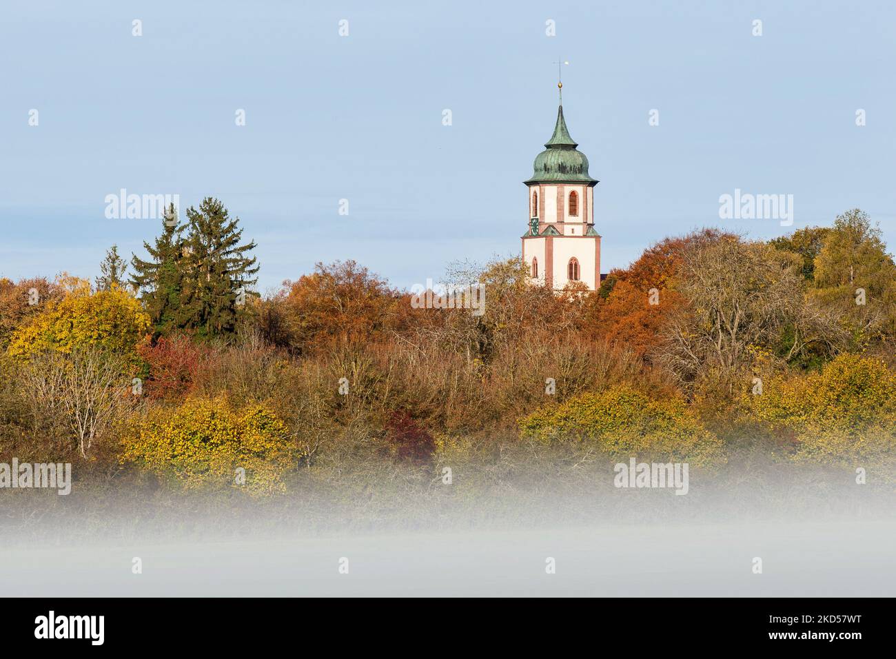 Derrière la prairie brumeuse et les buissons et arbres colorés, la tour de l'église Martin Luther s'élève dans le ciel automnal. Banque D'Images