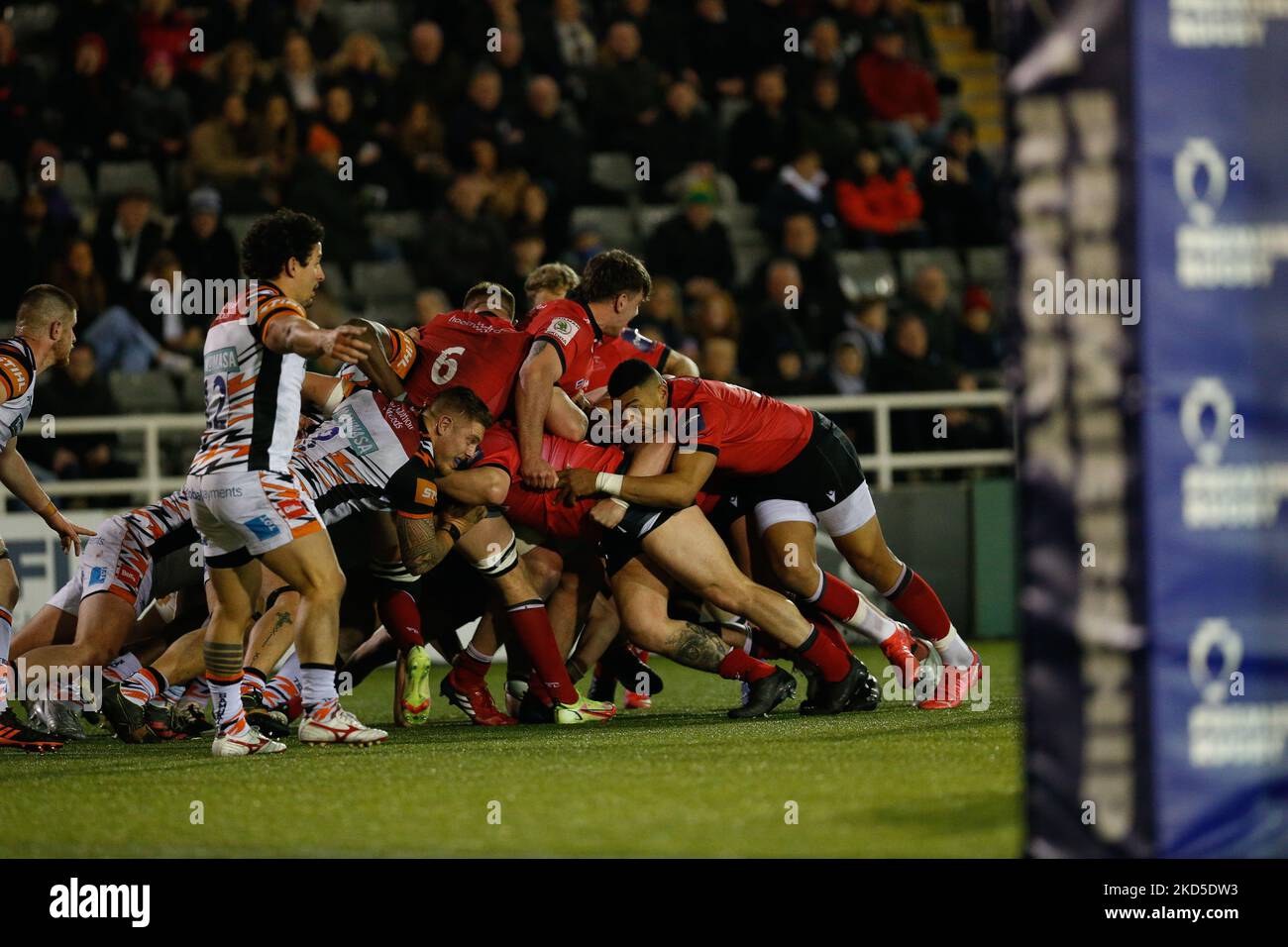 NEWCASTLE UPON TYNE, ROYAUME-UNI. MAR 18th Luther Burrell aide à conduire un Falcons maul vers la ligne Tigers lors du match de la coupe Premiership entre Newcastle Falcons et Leicester Tigers à Kingston Park, Newcastle, le vendredi 18th mars 2022. (Photo de Chris Lishman/MI News/NurPhoto) Banque D'Images