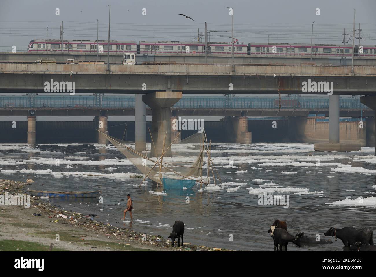 New Delhi, New Delhi, Inde. 5th novembre 2022. Un homme baigne dans l'eau polluée de la rivière Yamuna alors que la qualité de l'air de Delhi est restée dans la catégorie 'stevere' pour la troisième journée consécutive, AQI de 450 sur 5 novembre. (Credit image: © Vijay Pandey/ZUMA Press Wire) Banque D'Images