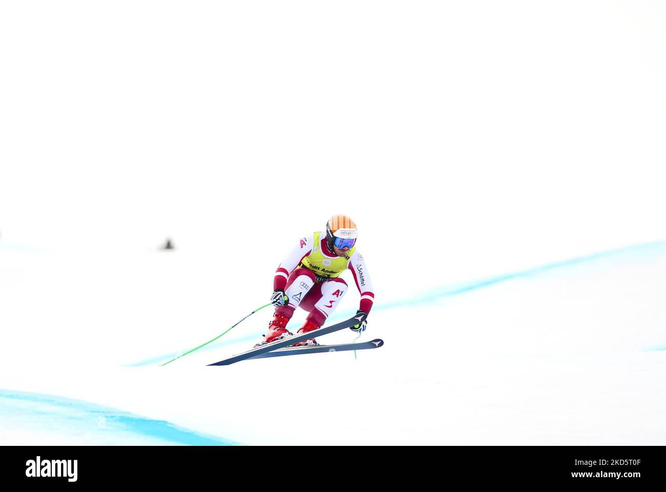 Manuel Traninger, skieur alpin autrichien, qui se disputera la finale de la coupe d'Europe de la FIS à descente, sur 21 mars 2022 à Soldeu, Andorre. (Photo de Joan Cros/NurPhoto) Banque D'Images