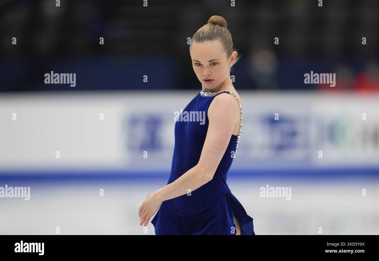 Mariah Bell des États-Unis d'Amérique pendant le programme de courte durée des femmes, au Sud de France Arena, Montpellier, France sur 23 mars 2022. (Photo par Ulrik Pedersen/NurPhoto) Banque D'Images