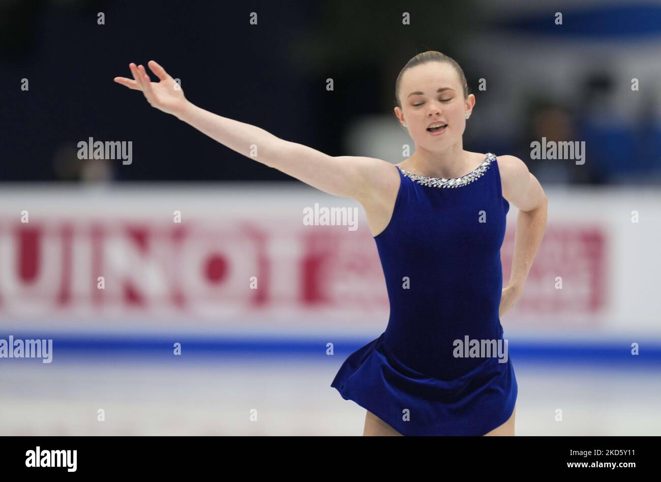 Mariah Bell des États-Unis d'Amérique pendant le programme de courte durée des femmes, au Sud de France Arena, Montpellier, France sur 23 mars 2022. (Photo par Ulrik Pedersen/NurPhoto) Banque D'Images