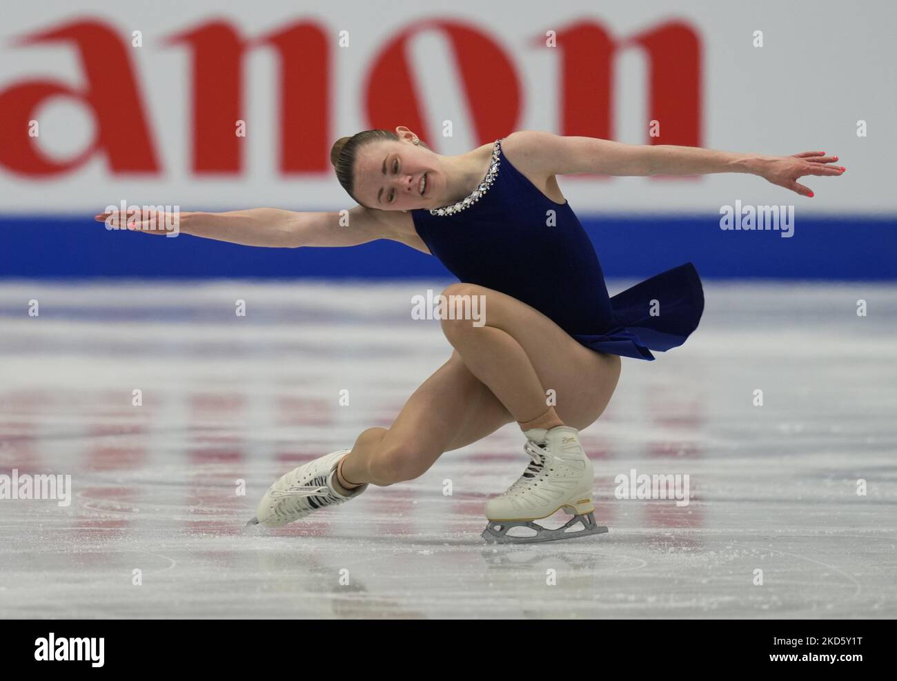 Mariah Bell des États-Unis d'Amérique pendant le programme de courte durée des femmes, au Sud de France Arena, Montpellier, France sur 23 mars 2022. (Photo par Ulrik Pedersen/NurPhoto) Banque D'Images