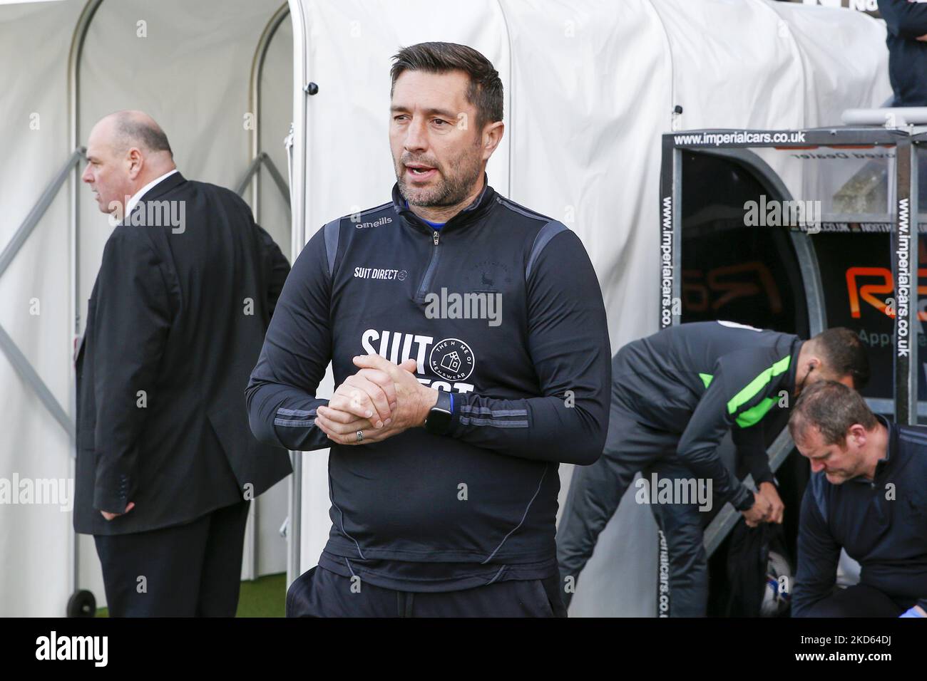 Graeme Lee, directeur de Hartlepool United, lors de la première moitié du match de la Sky Bet League 2 entre Northampton Town et Hartlepool United au PTS Academy Stadium, Northampton, le samedi 26th mars 2022. (Photo de John Cripps/MI News/NurPhoto) Banque D'Images