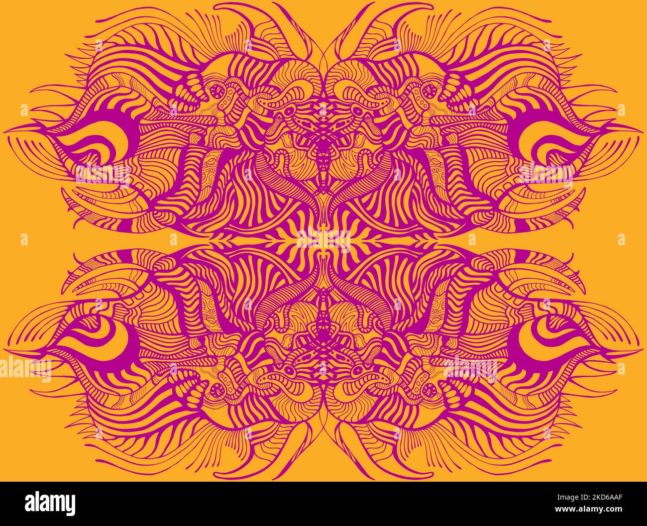 Duotone motif abstrait avec psychédélique coloré fantastique ornement. Contour violet décoratif, isolé sur fond orange. Créativité future Illustration de Vecteur