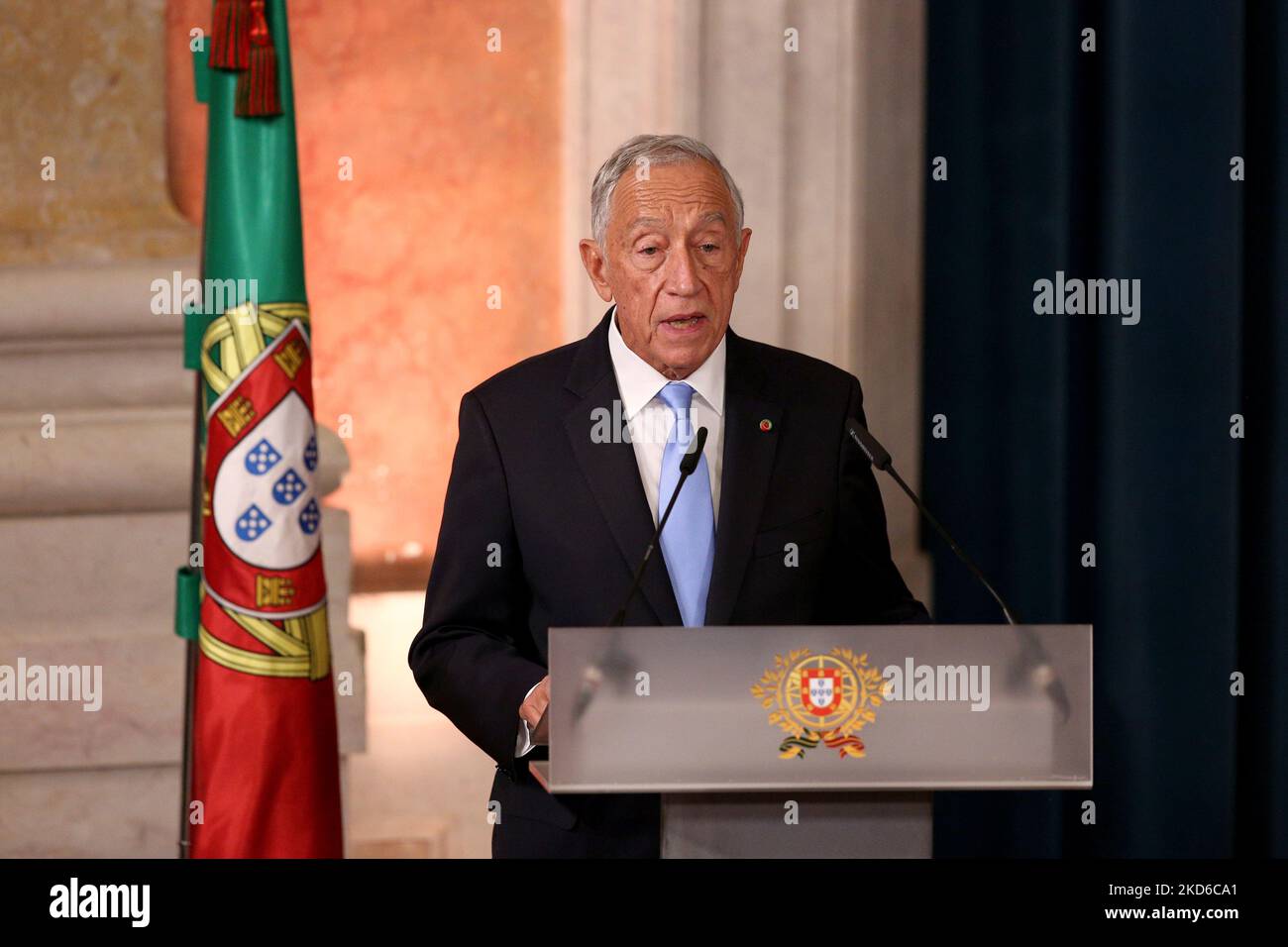 Le président portugais Marcelo Rebelo de Sousa prononce un discours lors de la cérémonie d'assermentation du nouveau gouvernement au palais d'Ajuda à Lisbonne, au Portugal, sur 30 mars 2022. (Photo par Pedro Fiúza/NurPhoto) Banque D'Images