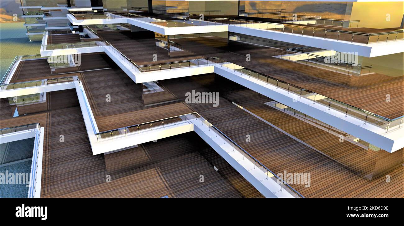 Terrasse sur plusieurs niveaux d'un hôtel futuriste en plein air. Beaucoup d'espace pour le mobilier. Une bannière appropriée pour les publications sur les tendances actuelles i Banque D'Images