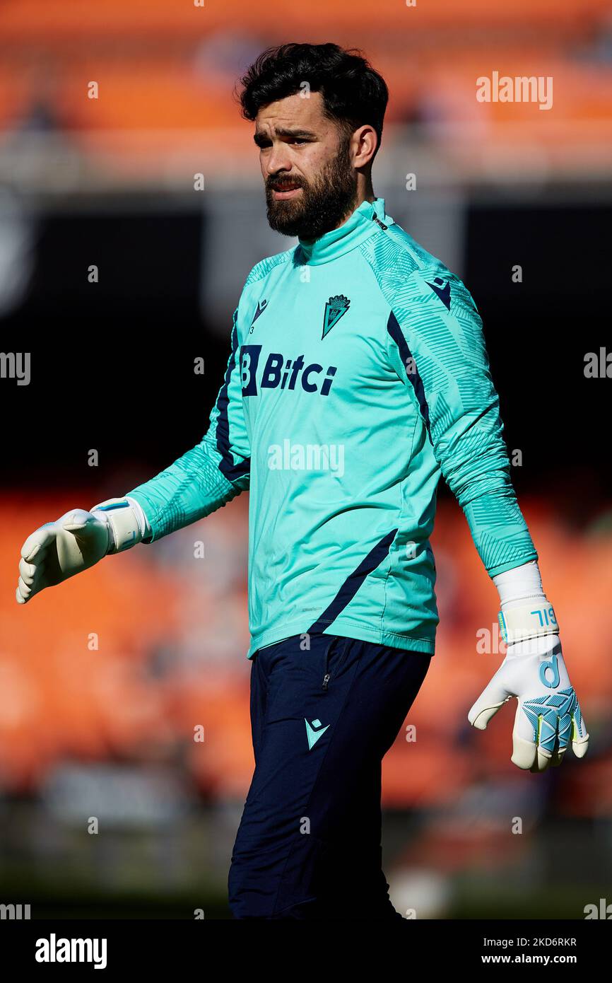 David Gil de Cadix CF regarde avant le match de la Liga Santander entre Valencia CF et Cadix CF au stade Mestalla, 3 avril 2022, Valence, Espagne. (Photo de David Aliaga/NurPhoto) Banque D'Images