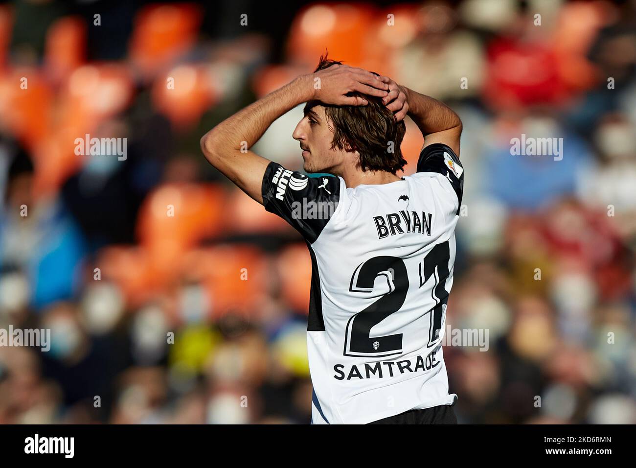 Bryan de Valencia CF réagit pendant le match de la Liga Santander entre Valencia CF et Cadix CF au stade Mestalla, 3 avril 2022, Valence, Espagne. (Photo de David Aliaga/NurPhoto) Banque D'Images