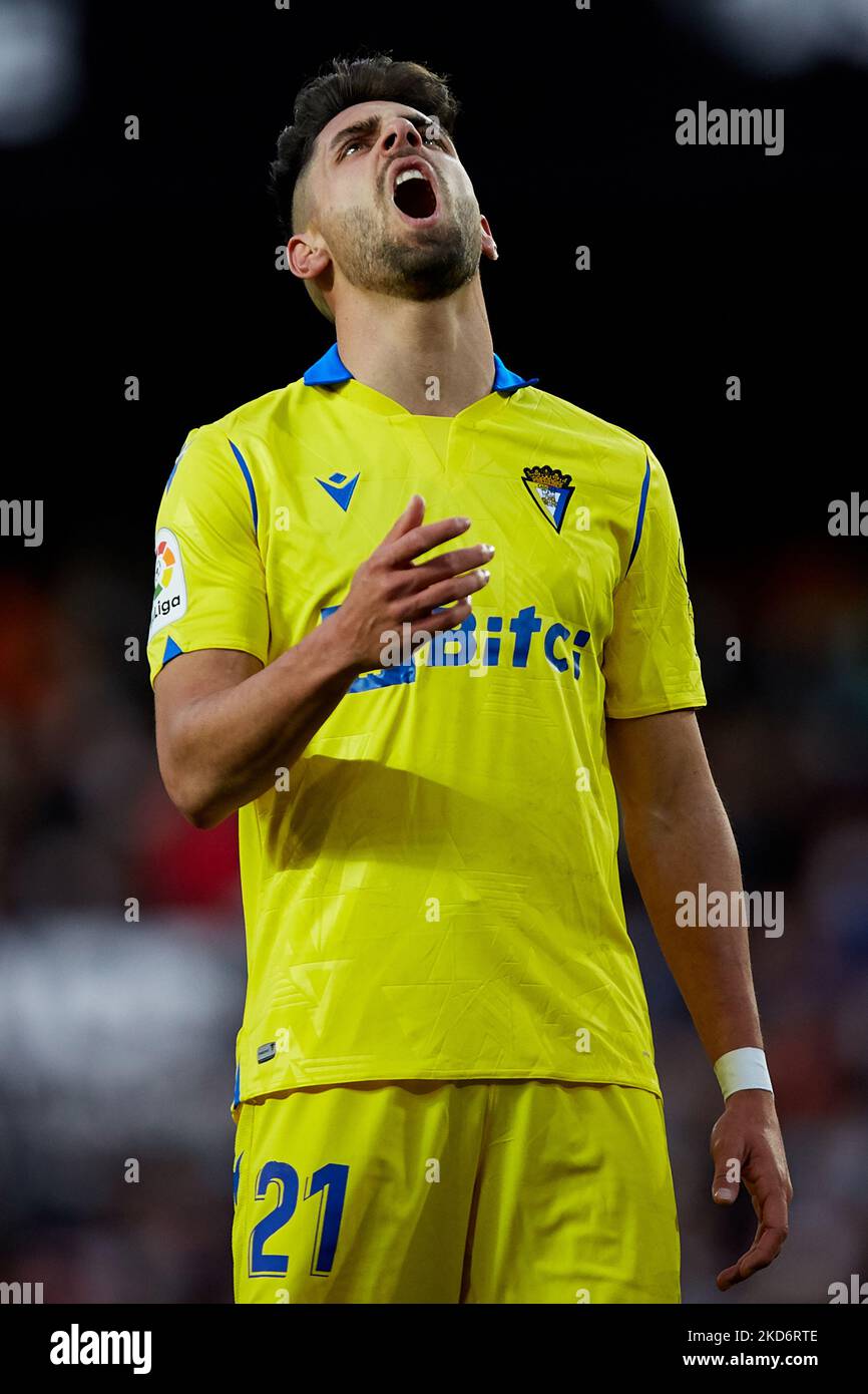 Sobrino de Cadix CF réagit pendant le match de la Liga Santander entre Valencia CF et Cadix CF au stade Mestalla, 3 avril 2022, Valence, Espagne. (Photo de David Aliaga/NurPhoto) Banque D'Images