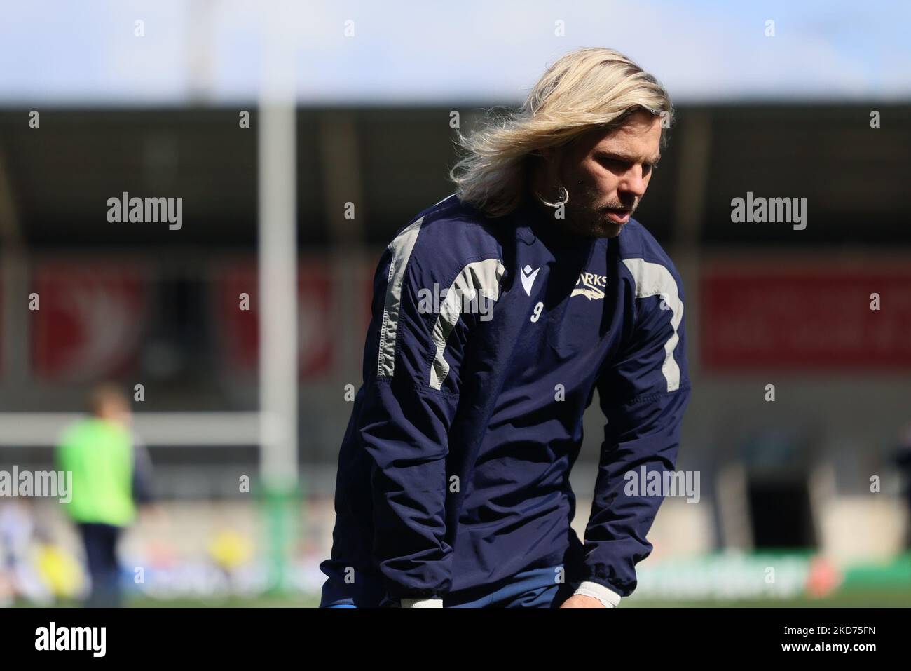 La FAF de Klerk de sale Sharks s'échauffe avant le match de la coupe des champions européens entre sale Sharks et Bristol au stade AJ Bell, Eccles, le samedi 9th avril 2022. (Photo de Pat Scaasi/MI News/NurPhoto) Banque D'Images