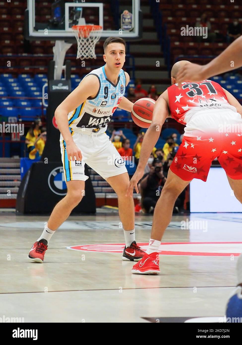 Matteo Spagnolo (Vanoli Cremona) pendant le basketball italien Un championnat de Serie échange AX Armani Milan contre Vanoli Cremona sur 13 avril 2022 au Forum Mediolanum à Milan, Italie (photo de Savino Paolella/LiveMedia/NurPhoto) Banque D'Images