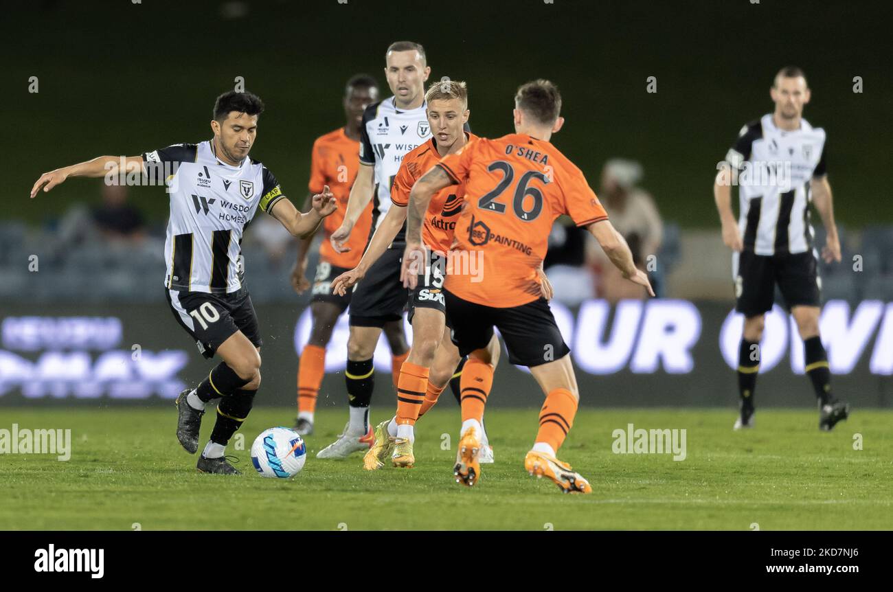 Ulis Davila of the Bulls se produit lors du match De football A-League Mens entre le MacArthur FC et le roar de Brisbane au Campbelltown Sports Stadium, le 15 avril 2022, à Sydney, en Australie. Banque D'Images