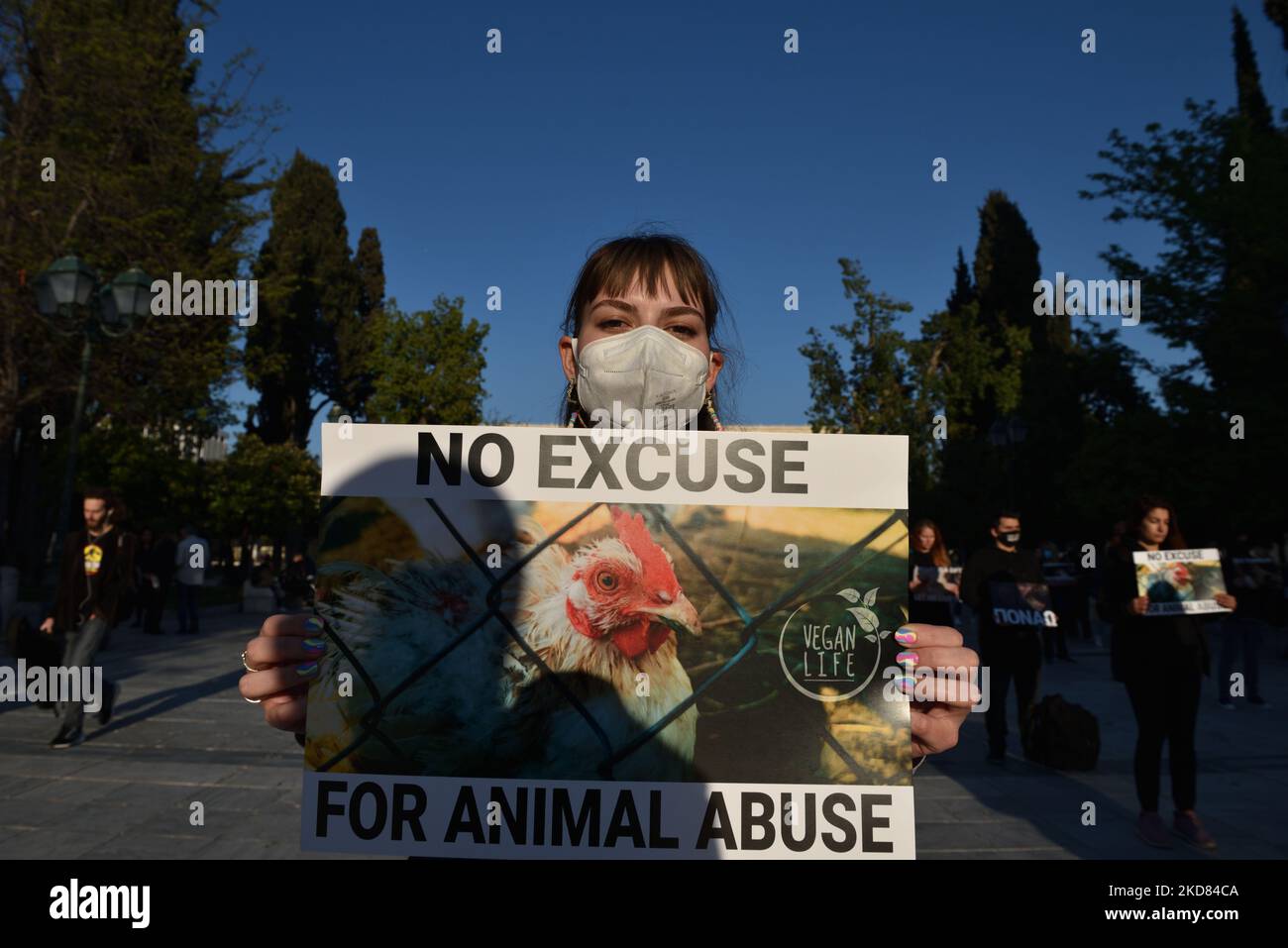 Les militants des droits des animaux qui détiennent des pancartes protestent sur la place Syntagma à Athènes contre l'abattage de masse d'agneaux destinés à la consommation le dimanche de Pâques orthodoxe grec, à 20 avril 2022, à Athènes, en Grèce. (Photo de Nicolas Koutsokostas/NurPhoto) Banque D'Images