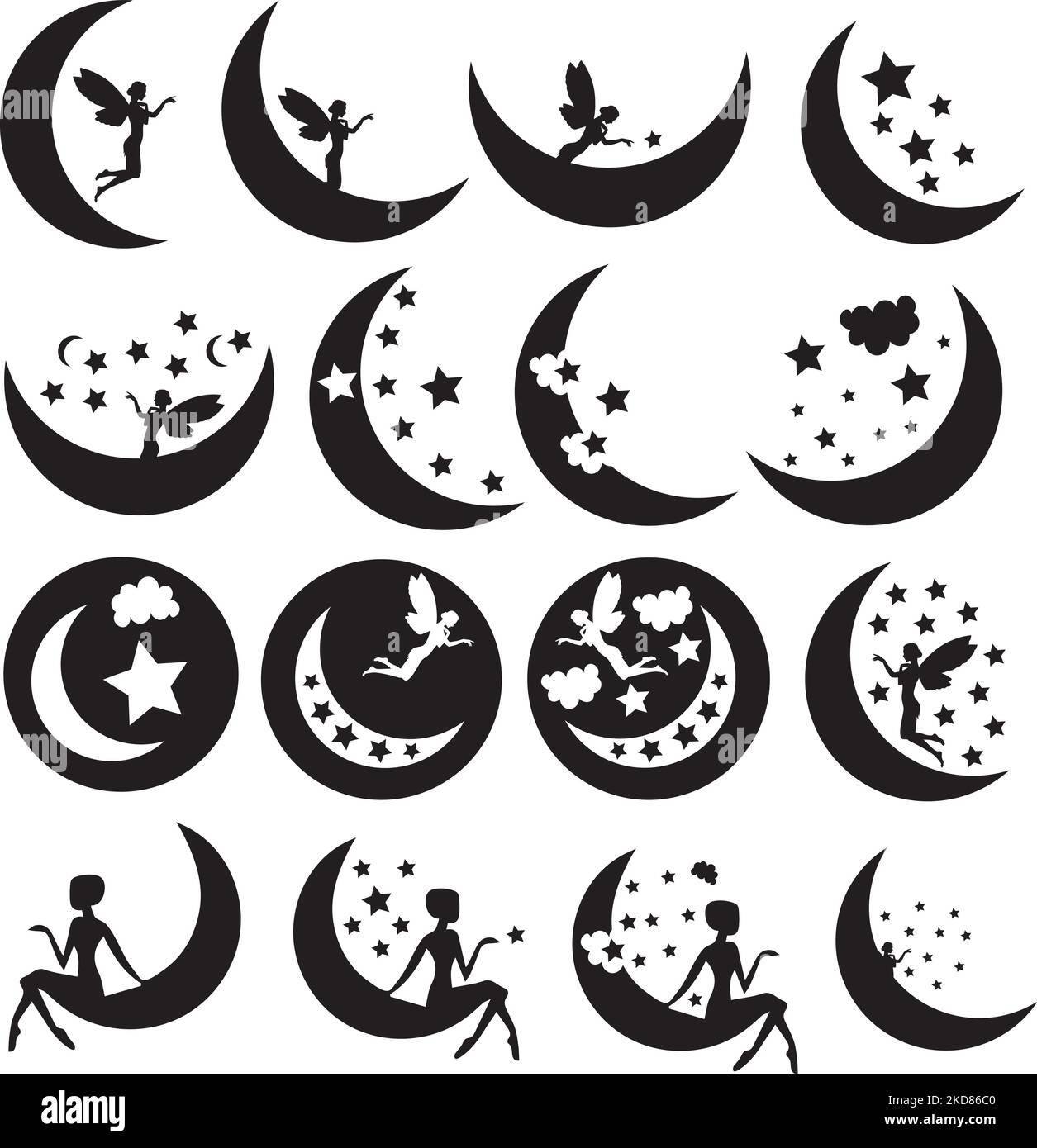 Un jeu d'illustrations numériques de silhouettes de croissants élégants lunes avec des étoiles et des fées Illustration de Vecteur
