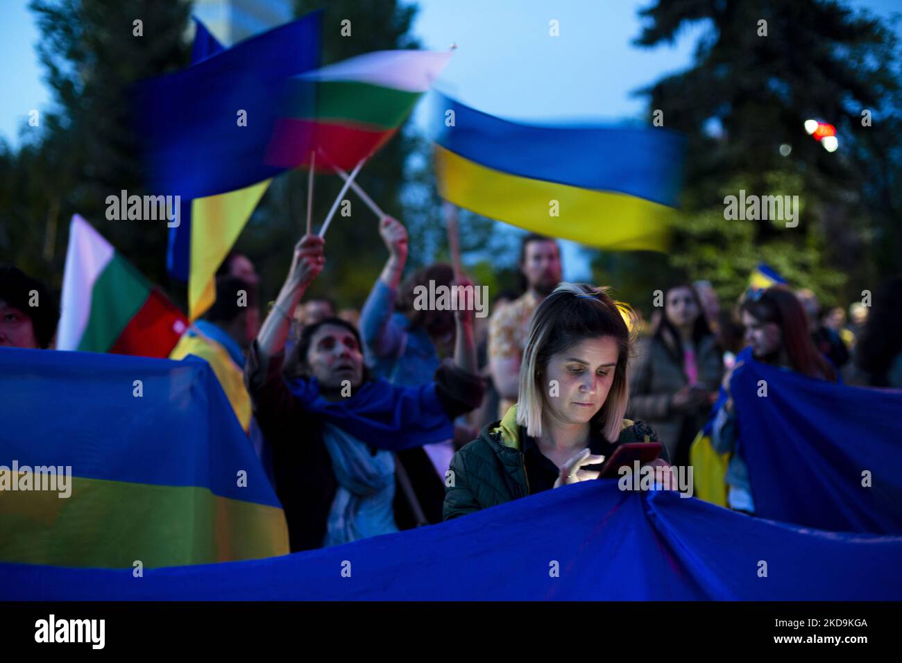 Manifestation devant l’ambassade de la Fédération de Russie contre l’agression russe en Ukraine le 09 mai 2022 à Sofia (Bulgarie). (Photo de Hristo Vladev/NurPhoto) Banque D'Images