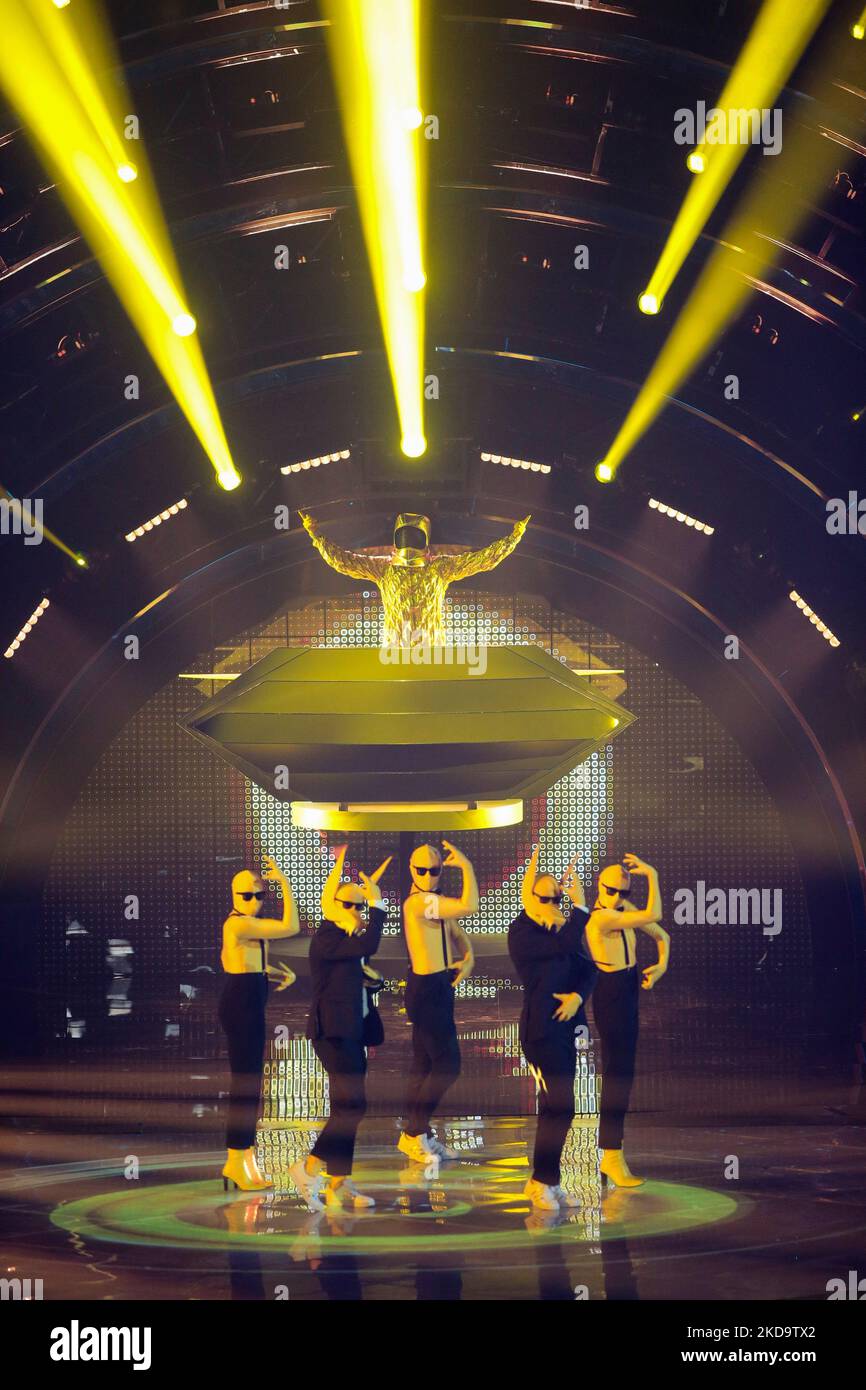 Subwoofer (donner à ce loup une banane) Norvège pendant le Concours Eurvision Song 2022, grandes répétitions finales sur 13 mai 2022 à Pala Olimpico à Turin, Italie. (Photo de Nderim Kaceli/LiveMedia/NurPhoto) Banque D'Images