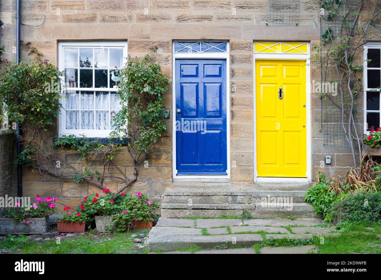 Portes avant peintes en bleu et jaune sur les maisons en terrasse. Chalets de vacances, Robin Hoods Bay, Yorkshire, Royaume-Uni Banque D'Images