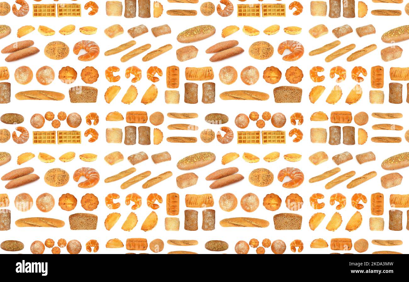 Motif rectangulaire sans couture des produits à base de pain isolés sur fond blanc Banque D'Images