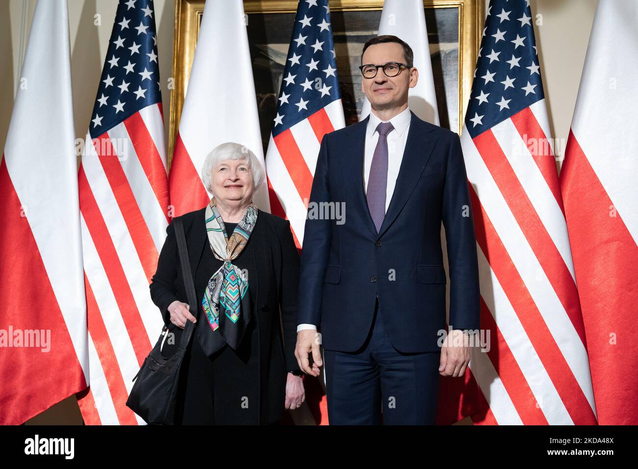 La secrétaire au Trésor américaine Janet Yellen rencontre le premier ministre polonais Mateusz Morawiecki à la Chancellerie de Varsovie, Pologne, sur 16 mai 2022 (photo de Mateusz Wlodarczyk/NurPhoto) Banque D'Images