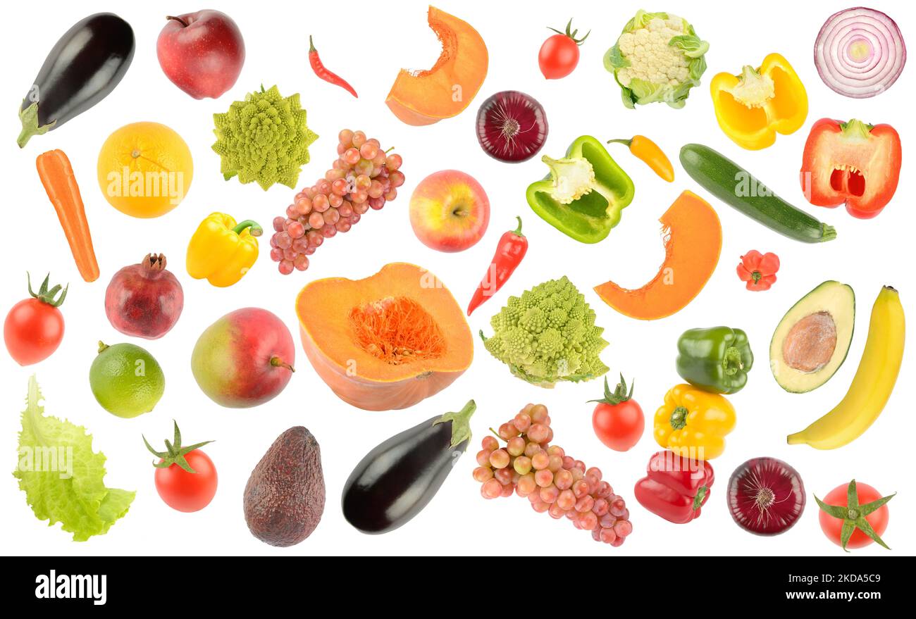 Collecte de légumes frais, fruits, baies isolées sur fond blanc. Répétition. Banque D'Images