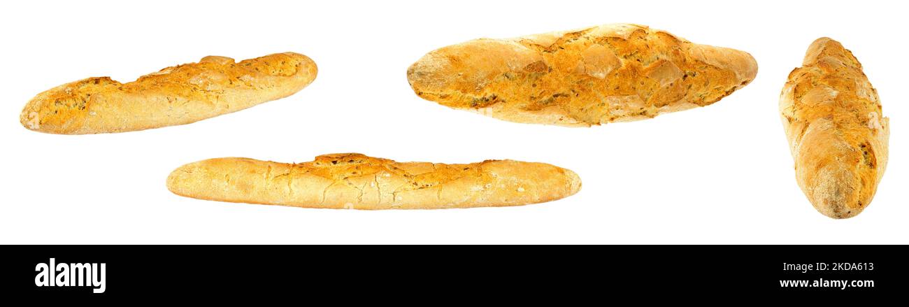 Baguettes françaises de différents angles isolées sur fond blanc. Banque D'Images